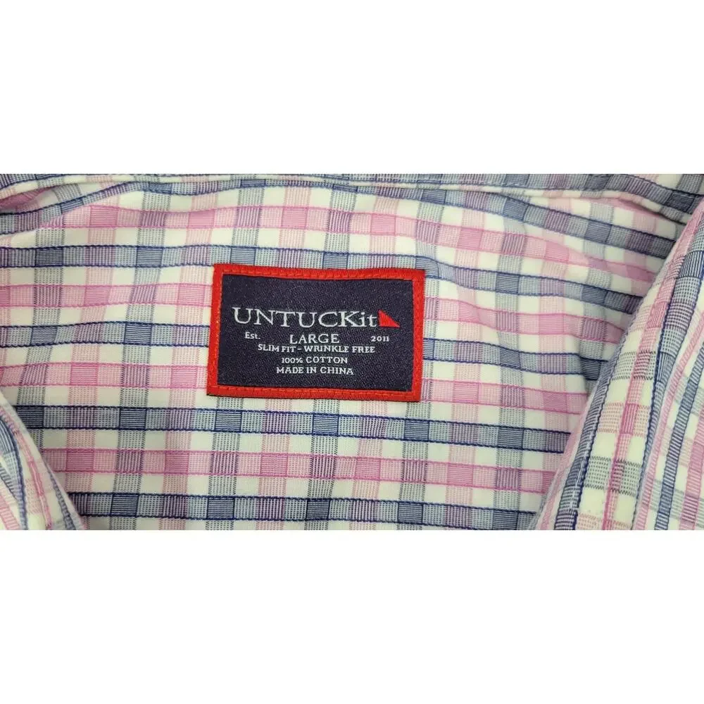 F6) UNTUCKit Men Checkered Cotton Long Sleeve Button Down Slim Fit Shirt Large